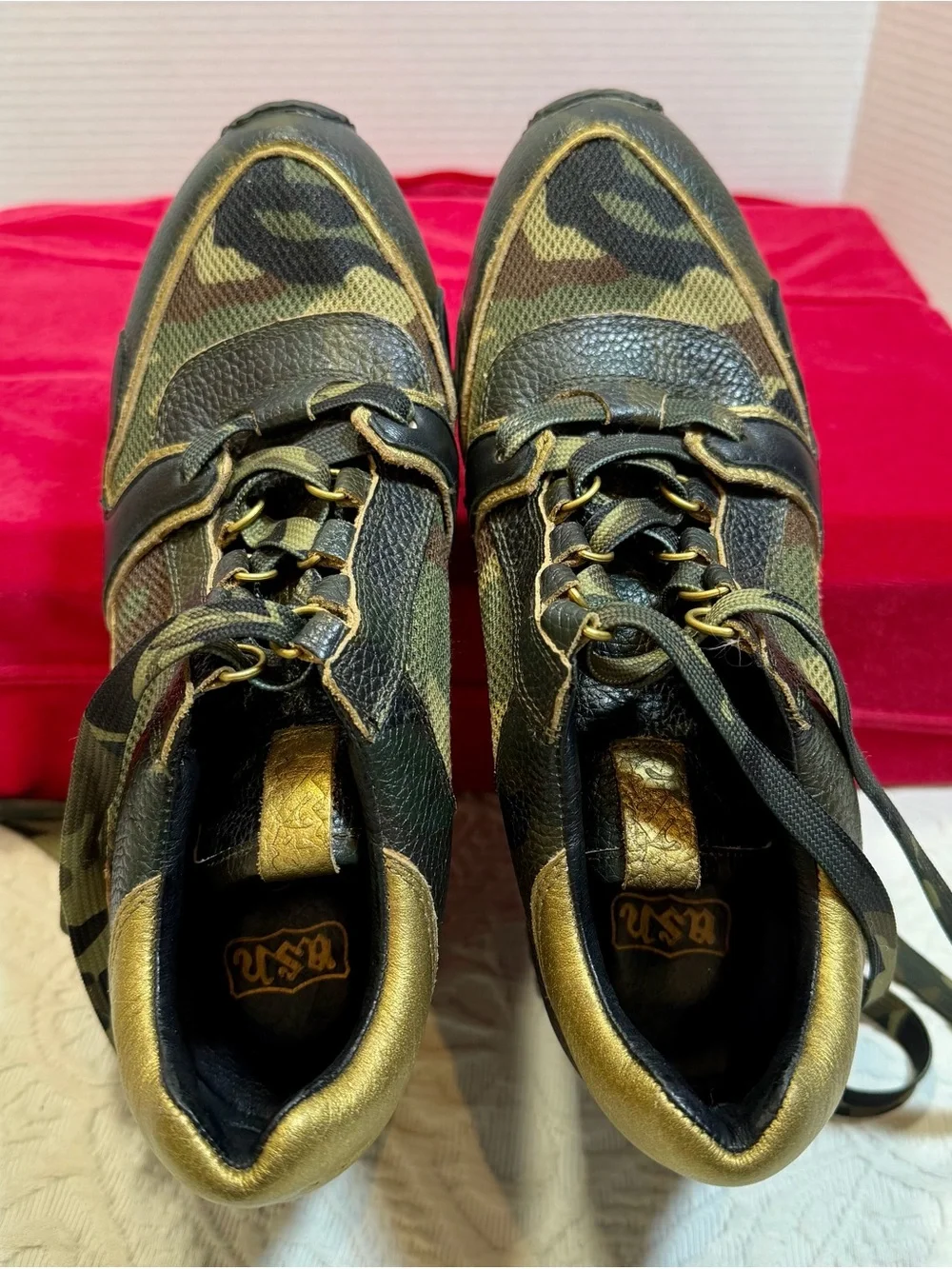 Ash Camo 3” Wedge Sneakers Leather Upper Hidden Platform High Top Shoes Size 39